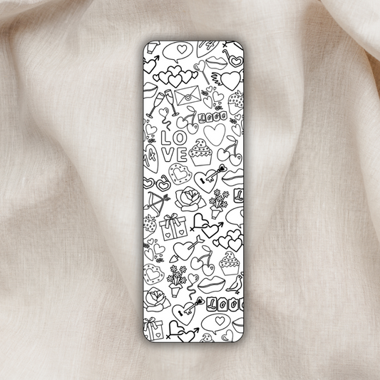 DIY color-in bookmark printed on both sides with cute love-themed doodles, including hearts, cupcakes, roses, and gifts. Made from sturdy cardstock and perfect for creative book lovers.